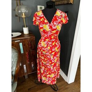 Sienna Sky Fitted Wrap Style Dress orange Red Floral Summer sz XS